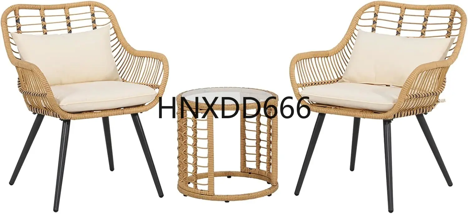 

3 Piece Patio Bistro Set, Wicker Outdoor Patio Set with Enhanced Comfort Seating, Round Glass Top Coffee Side Table,for Balcony