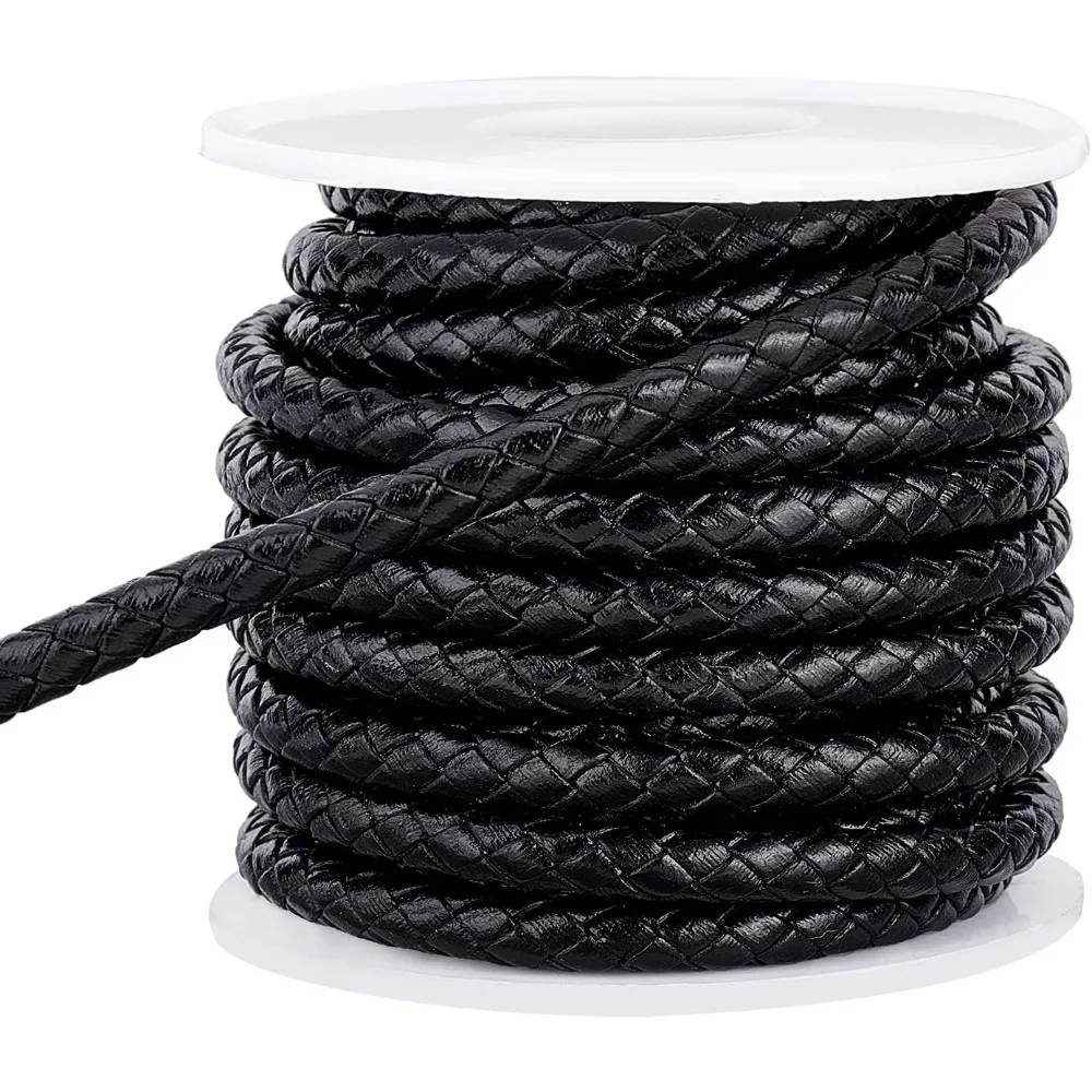 

1Roll 5.5 Yards 5mm Round Braided Genuine Leather String Black Round Folded Braided Round Braided Cord with Spool for DIY