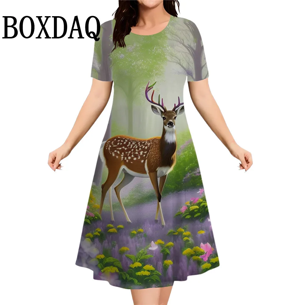 New Harajuku Dress Deer Dog Graphics 3D Printed Loose Short Sleeve A-Line Dresses Summer Casual Mini Dress Animal Women Clothing