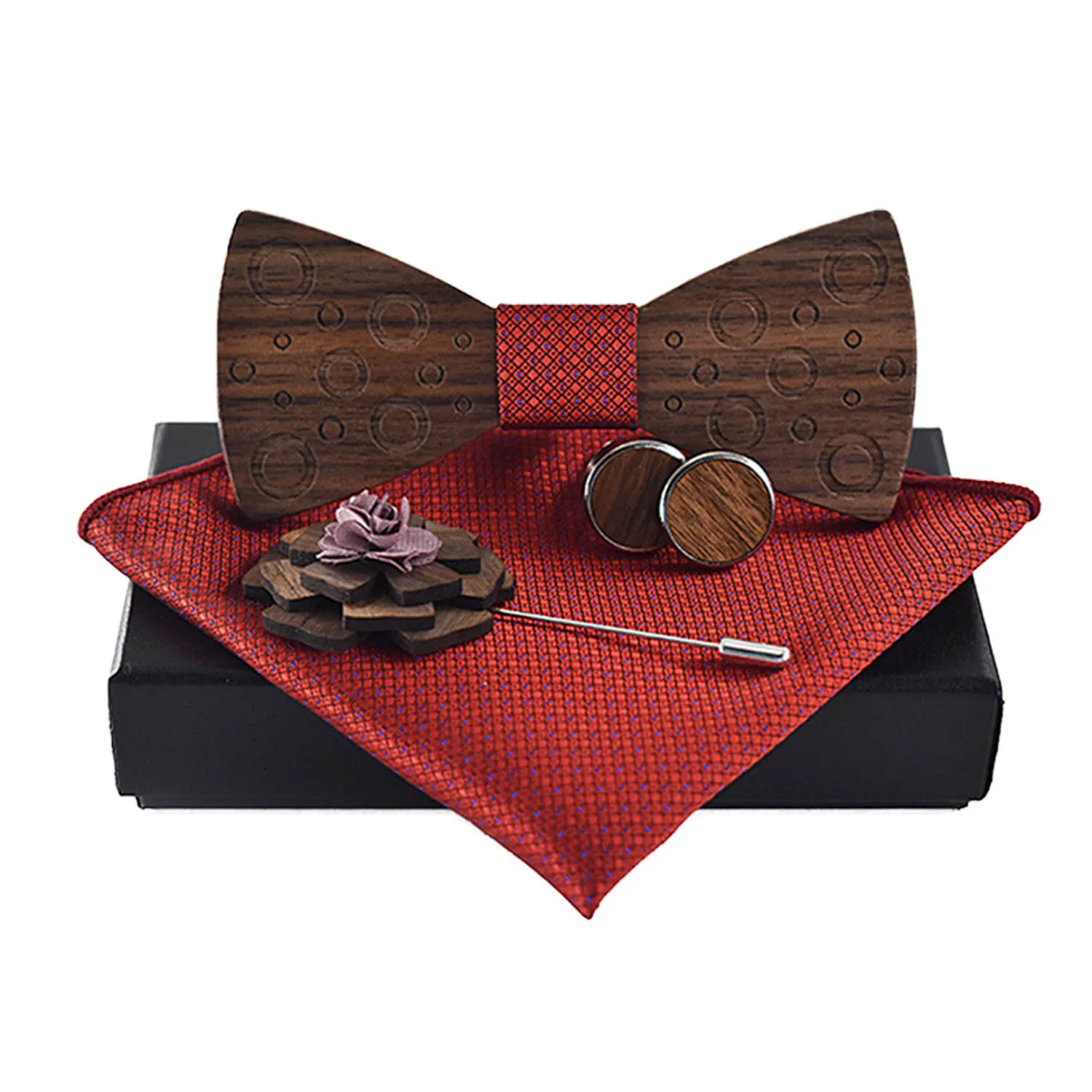 

Classic Handmade Men Wooden Bow Tie + 1 pair Cufflinks Buckle + Handkerchief + Flower Wooden Brooch Set Red