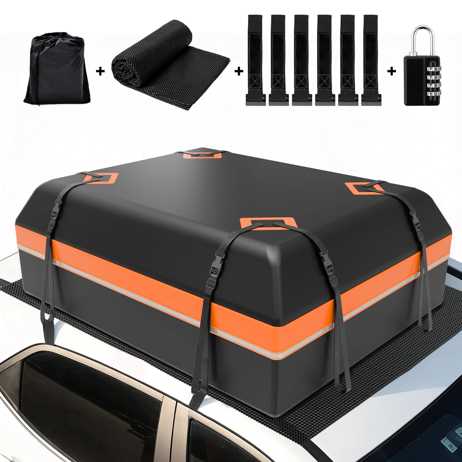 Borsa da tetto per auto, capacità 15 metri cubi/425 litri, box da tetto impermeabile con tappetino antiscivolo, 6 cinghie resistenti e borsa per il trasporto, impermeabile e resistente ai raggi UV,