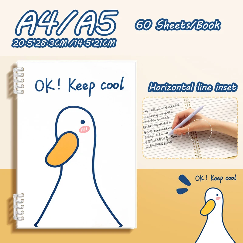 Venha Pato solto-Folha Notebook, impermeável PP Capa, Página Linha Horizontal, Escritório Papelaria Estudo, A4, A5, 60 folhas por livro, QP-87