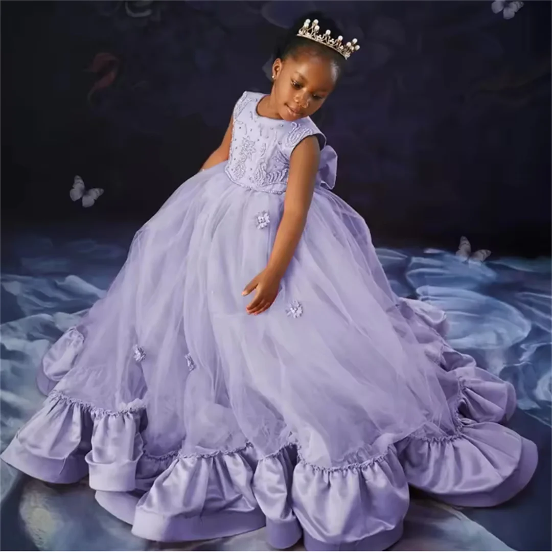 

Customized Lavender Flower Girl Dress For Wedding Appliques Sequins Floor Length Kids Birthday Party First Communion Prom Gown
