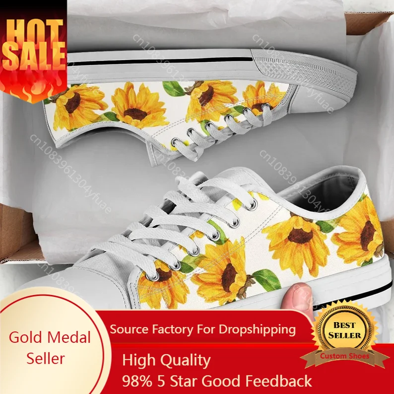 Classic Yellow Flower Sunflower Printing Canvas Shoes Women Daily Outdoor Light Sneakers Black White Flats for teens 2022