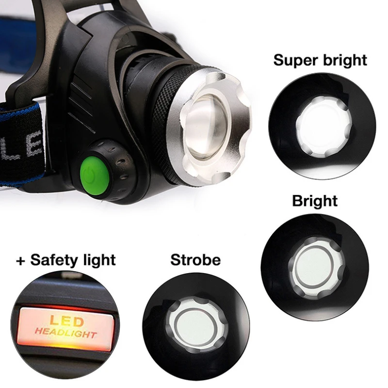 T6 Zoom Strong Light Headlight Outdoor Fishing Camping Emergency Headworn Mining Lamp USB Charging Induction Headlight