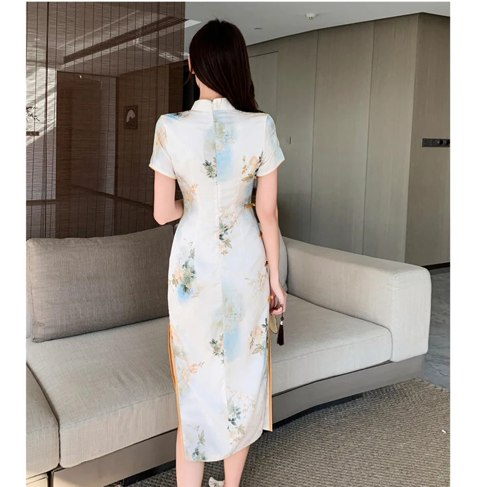 EIYOVVI 2024 Summer Chinese Style Improved Cheongsam Printed Frog Long Wrapped Hip Slimming Dress Elegant Forked Classical Dress