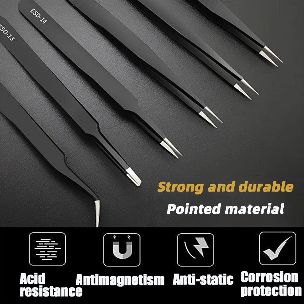 KATWAY Stainless Steel ESD Anti-Static Tweezers Set Curved Straight Industrial Maintenance Electronic Repair HH-AA04