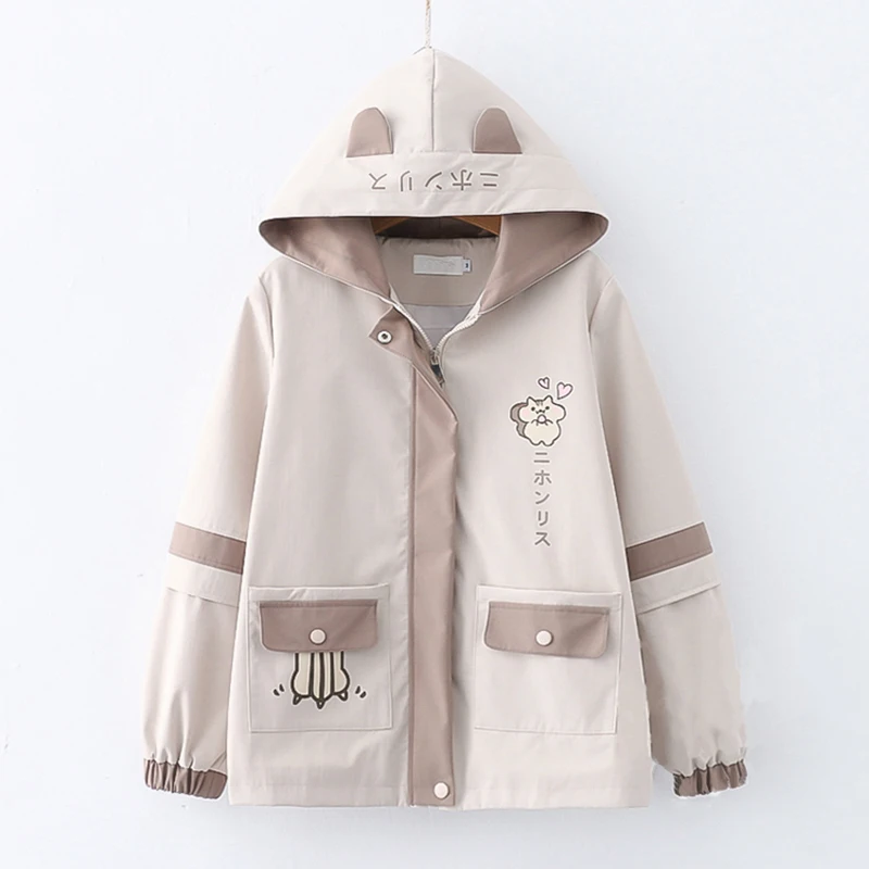 preppy style youth girl casual versatile short jacket spring autumn cute cartoon Cardigan coats loose thin hooded jackets women