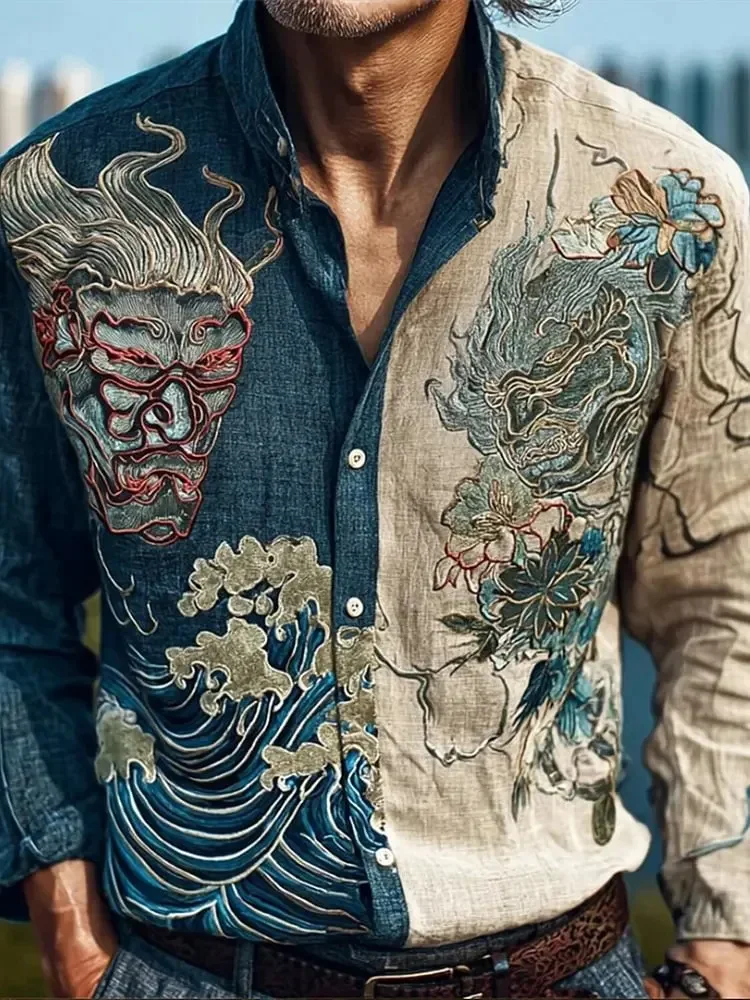 Men's Chinese Style Casual Loose Fitting Long Sleeved Shirt, New Rice White Ink Wash Knight Print