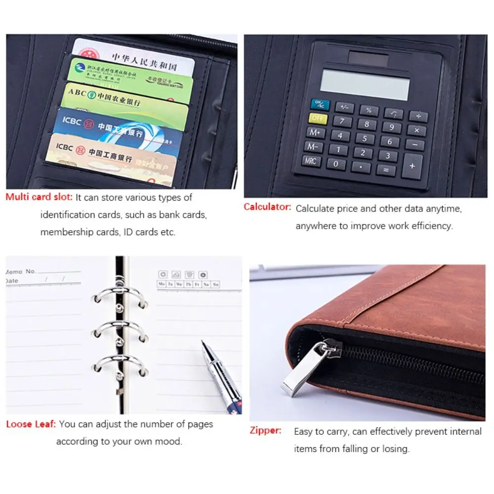 PU Leather A5 Loose-leaf Notebook With Calculator Binder Ring Student Diary Zipper Closure Card Holder Business Notepad Travel