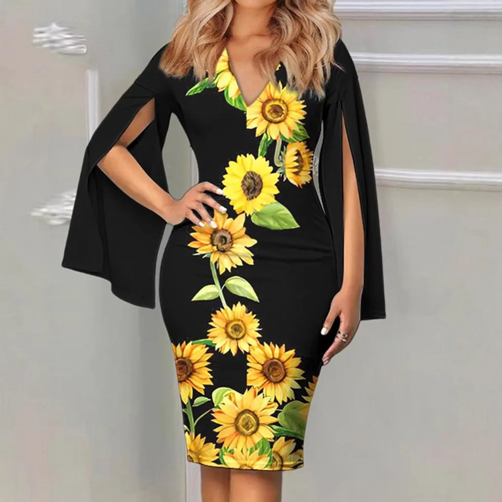Women V Neck Split Flare Sleeve Geometric Gold Print Midi Bodycon Dress Elegant Slim Outfit For Tea Party Formal Occasions