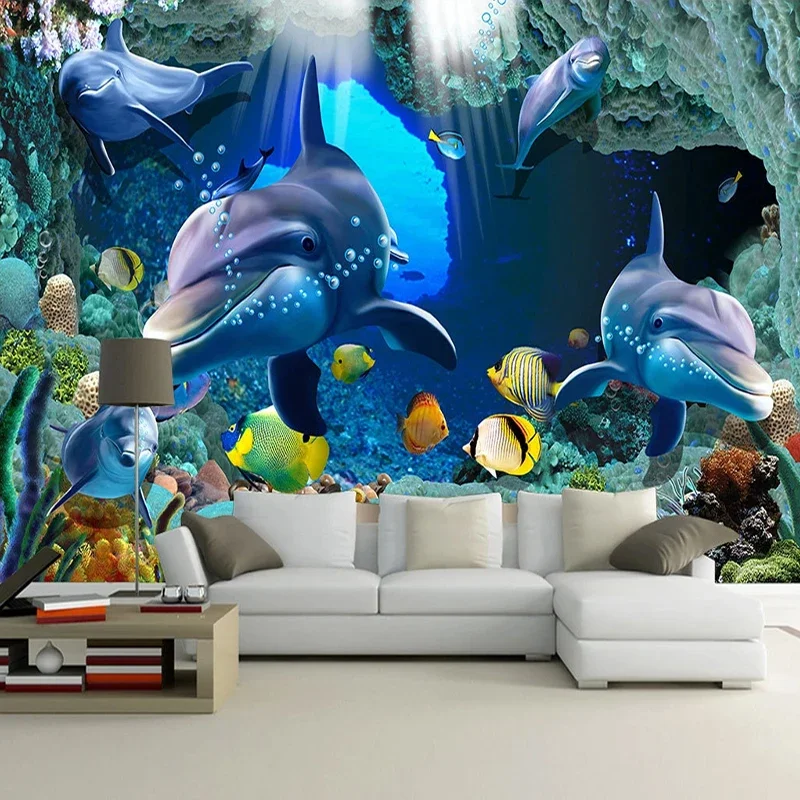 Custom Papel Pintado De Pared3D Underwater World Photo Wallpaper Ocean Dolphin Children Room Bedroom Living Room TV Background