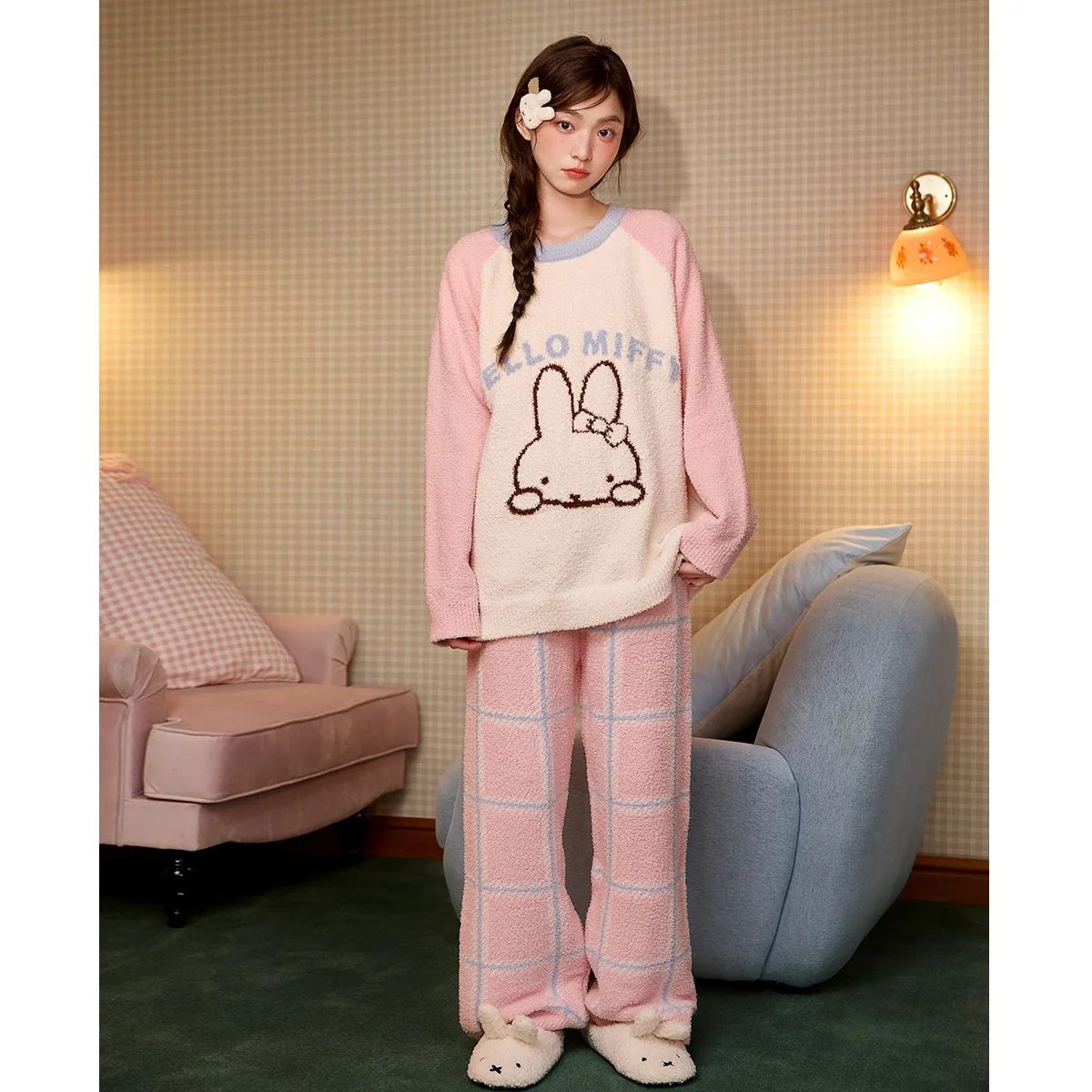 Miffy Autumn and Winter Pajamas for Women Kawaii Thickened Half Fleece Warm Cute and Sweet Home Wear for Girls