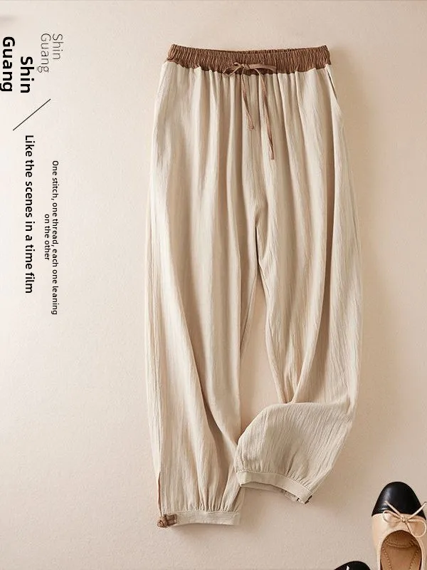 Retro Cotton Linen Harem Casual Pants Women's Summer New Color Block Elastic Waist Slimming Cuffed Nine Point Pants
