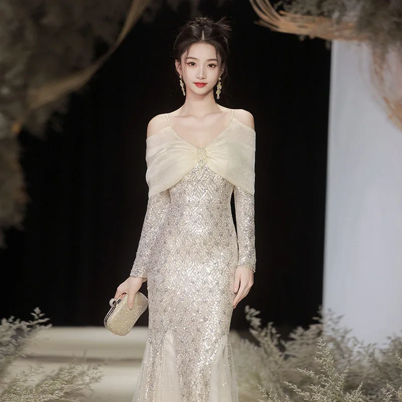 

Новинка 2023 года, роскошные женские вечерние платья без бретелек, осень-зима, платье с пайетками длиной до пола, элегантное коктейльное платье