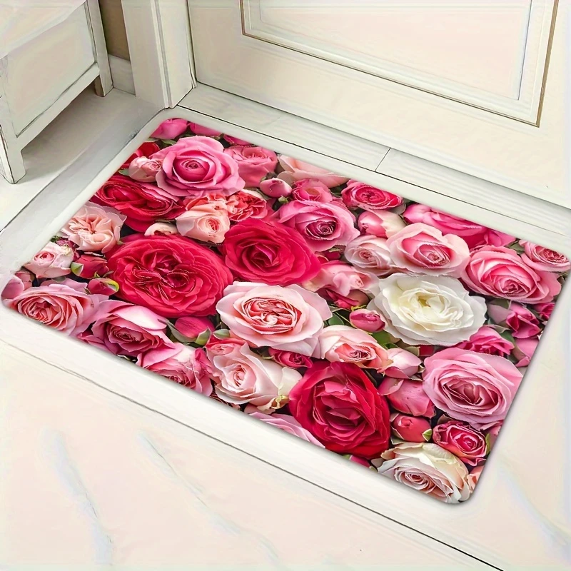 

Pink Blooming Rose Flowers Soft Carpet Bathroom Anti-silp Doormats Suitable for Living Room Entrance Decorative Accessories Pad