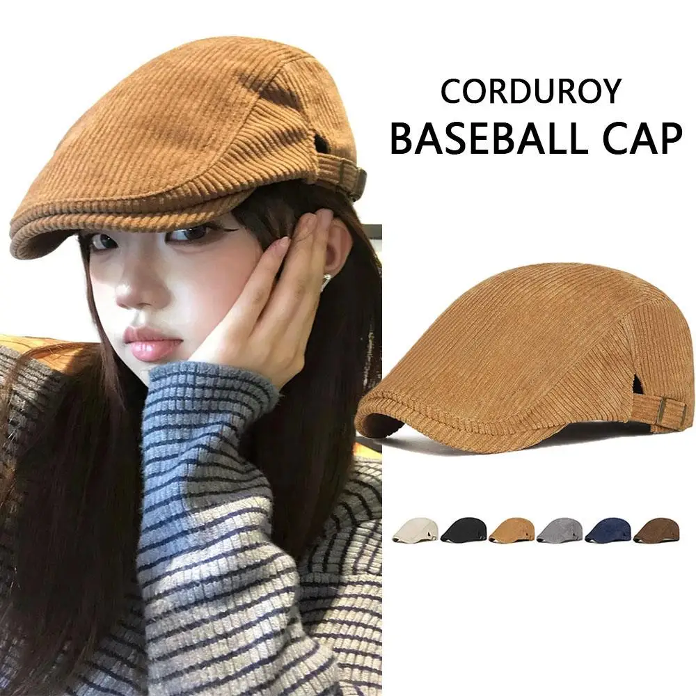 

British Style Thick Duckbill Cap Unisex Couple Corduroy Beret Flat Visor Cap Solid Color Stripe Velvet Adjustable Forward Hat