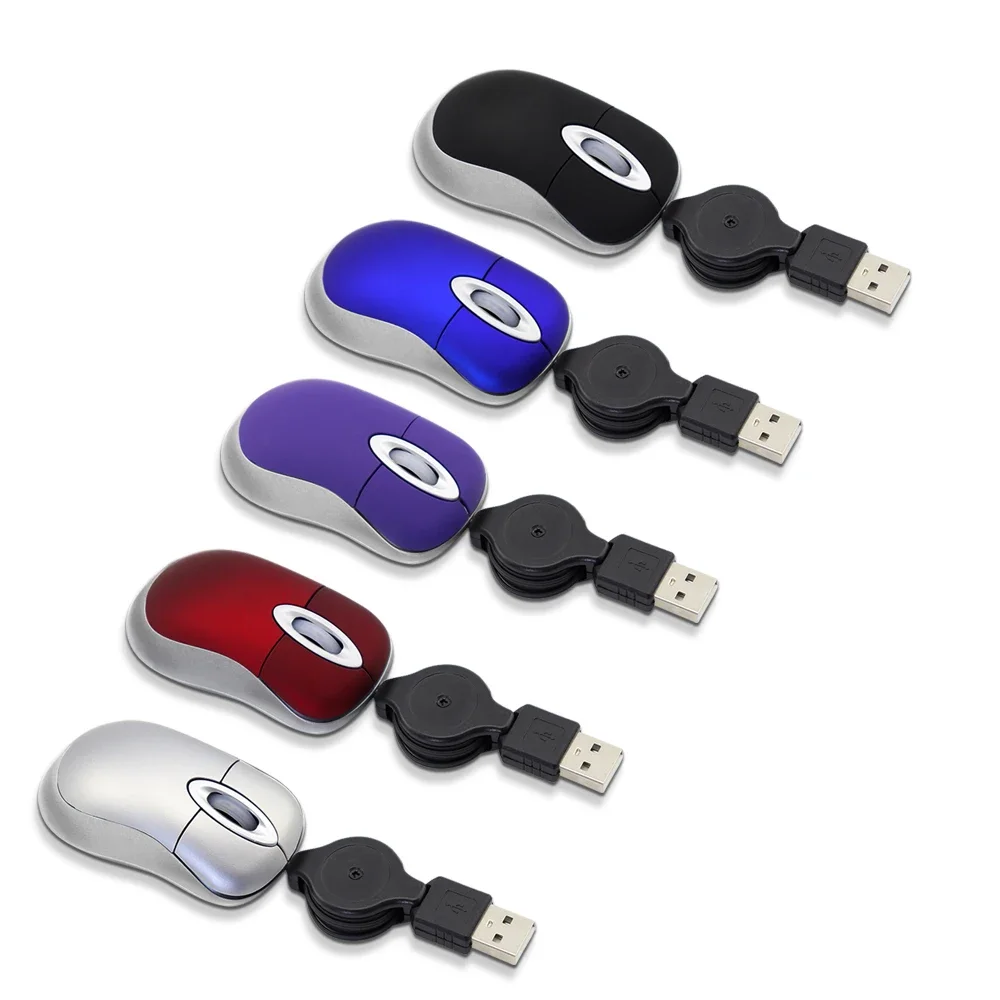 Mini Portable Wired Retractable Mouse Computer Mause Small Hand USB Optical 1000 DPI Office Mice for PC Laptop Notebook for Kids