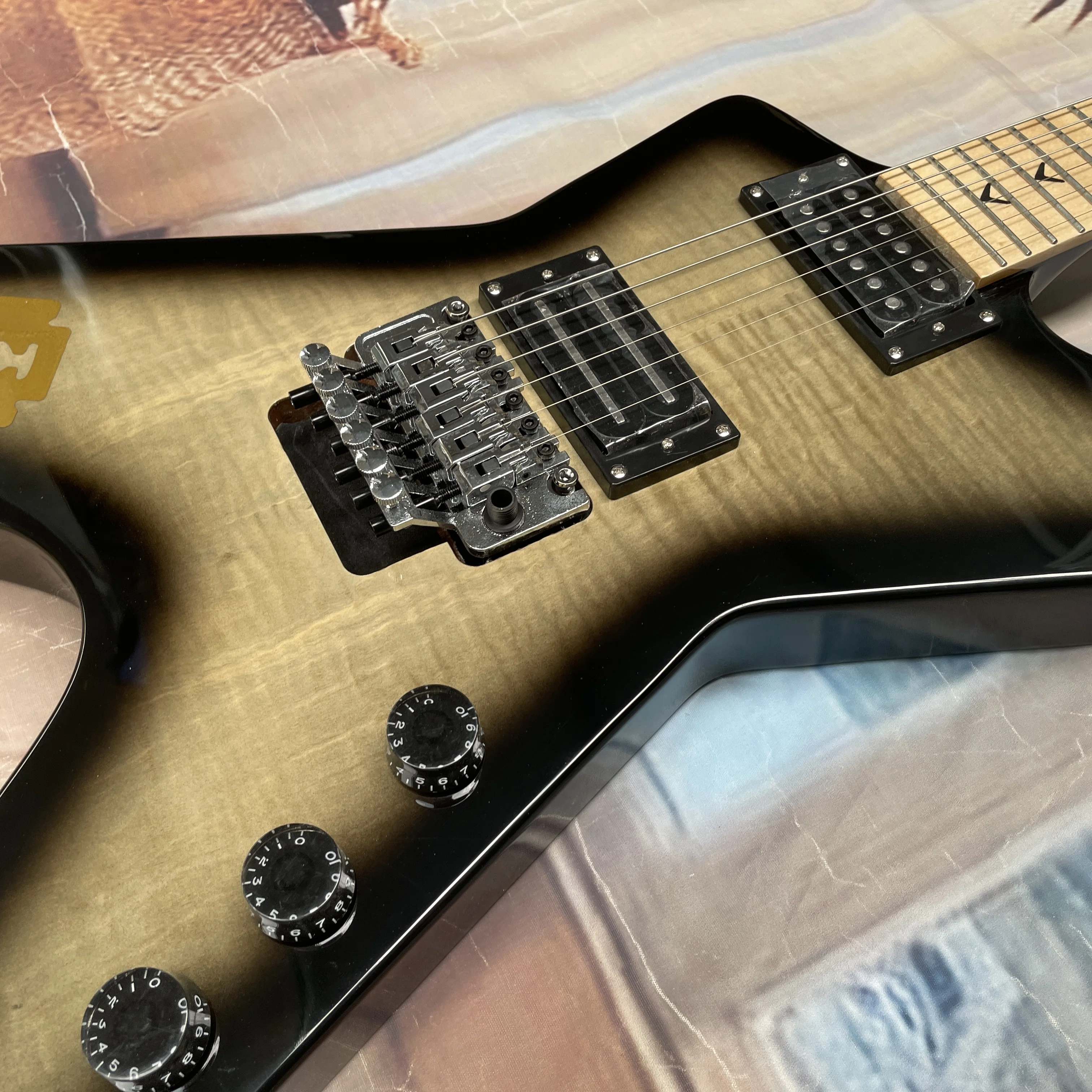 6-string electric guitar gradient smoked finish,tiger-stripe veneer,natural maple fretboardguitars,and metal enthusiast guitarra view 5