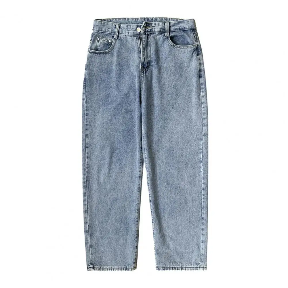 Jeans de perna larga ajuste reto para homens, botão de cintura média, bolsos com zíper, calças jeans casuais, streetwear azul solto