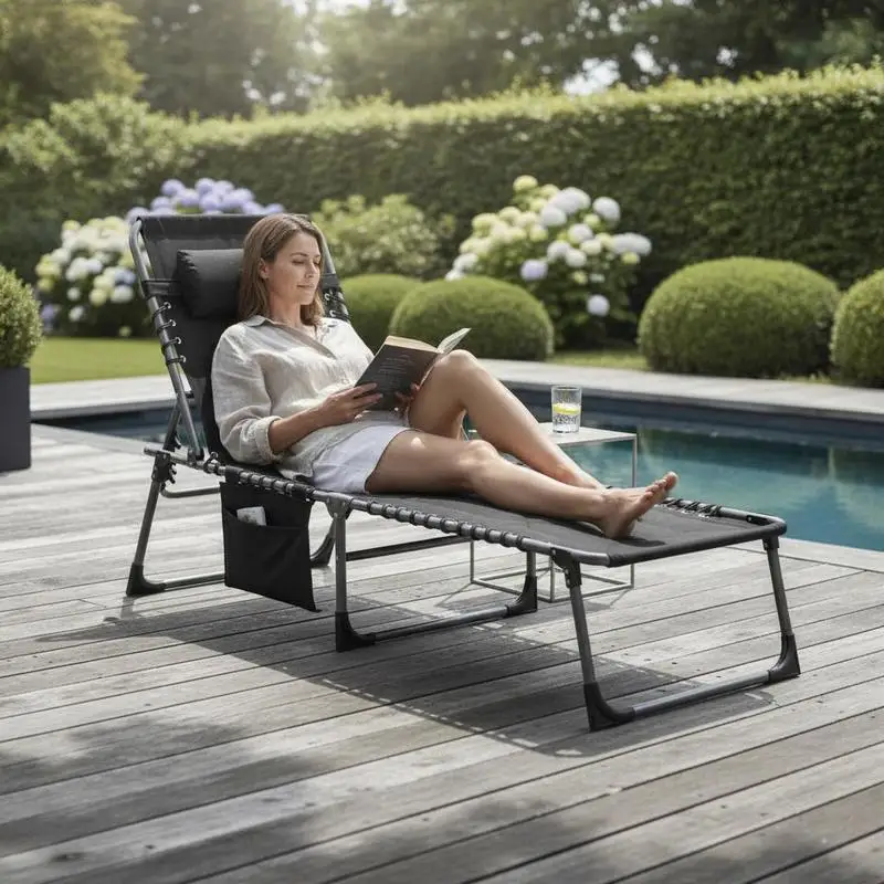 Fauteuil inclinable pliable réglable sur 5 niveaux en noir, équipé d'un appui-tête et d'une poche latérale pour petits objets, structure robuste résistante aux intempéries, capacité de charge jusqu'à 130 kg. Chaise longue portable idéale pour la piscine, la plage, le jardin et les loisirs en camping.