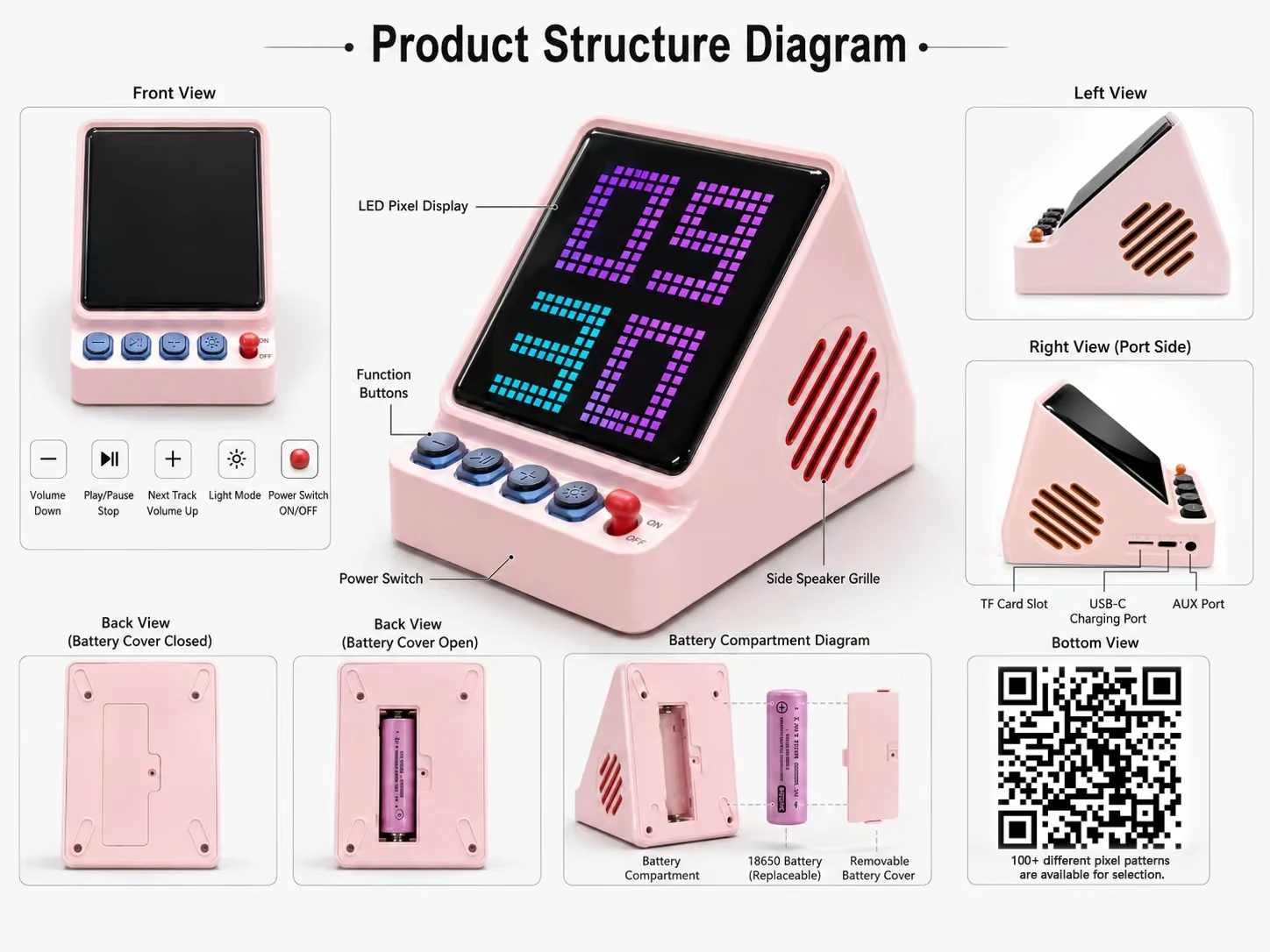 HYS-212 PIXEL ART BT Speaker clock Computer Speakers Led Display screen Wireless Portable desktop relaxing music player fun