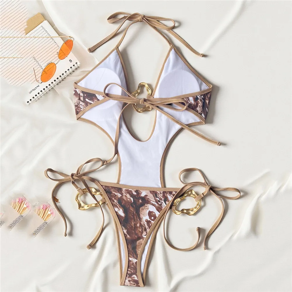 Sexy String Metal Ring One Piece Bikini Swimwear 2026 Hollow Out Swimsuit Women Monokini Backless Bathing Suit Swimming Wear