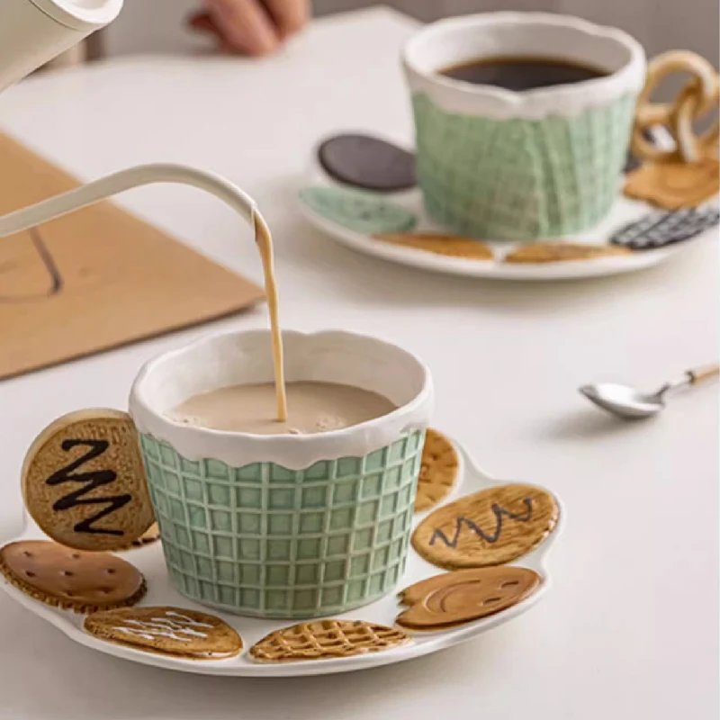 Taza de cerámica en forma de galleta, plato de postre coreano, plato de desayuno, plato de postre de té de la tarde, taza de café, taza de leche, regalo de cumpleaños