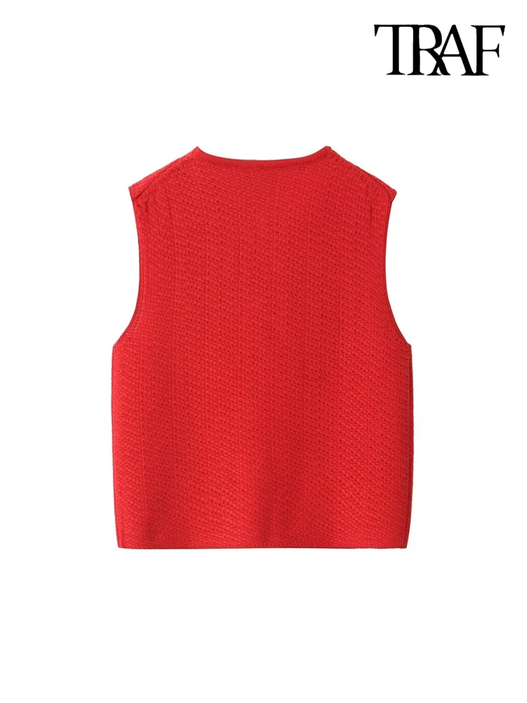 TRAF-Women\'s Knitted Vest with Tied, O Neck, Sleeveless Sweater, Female Waistcoat, Chic Tops, Fashion