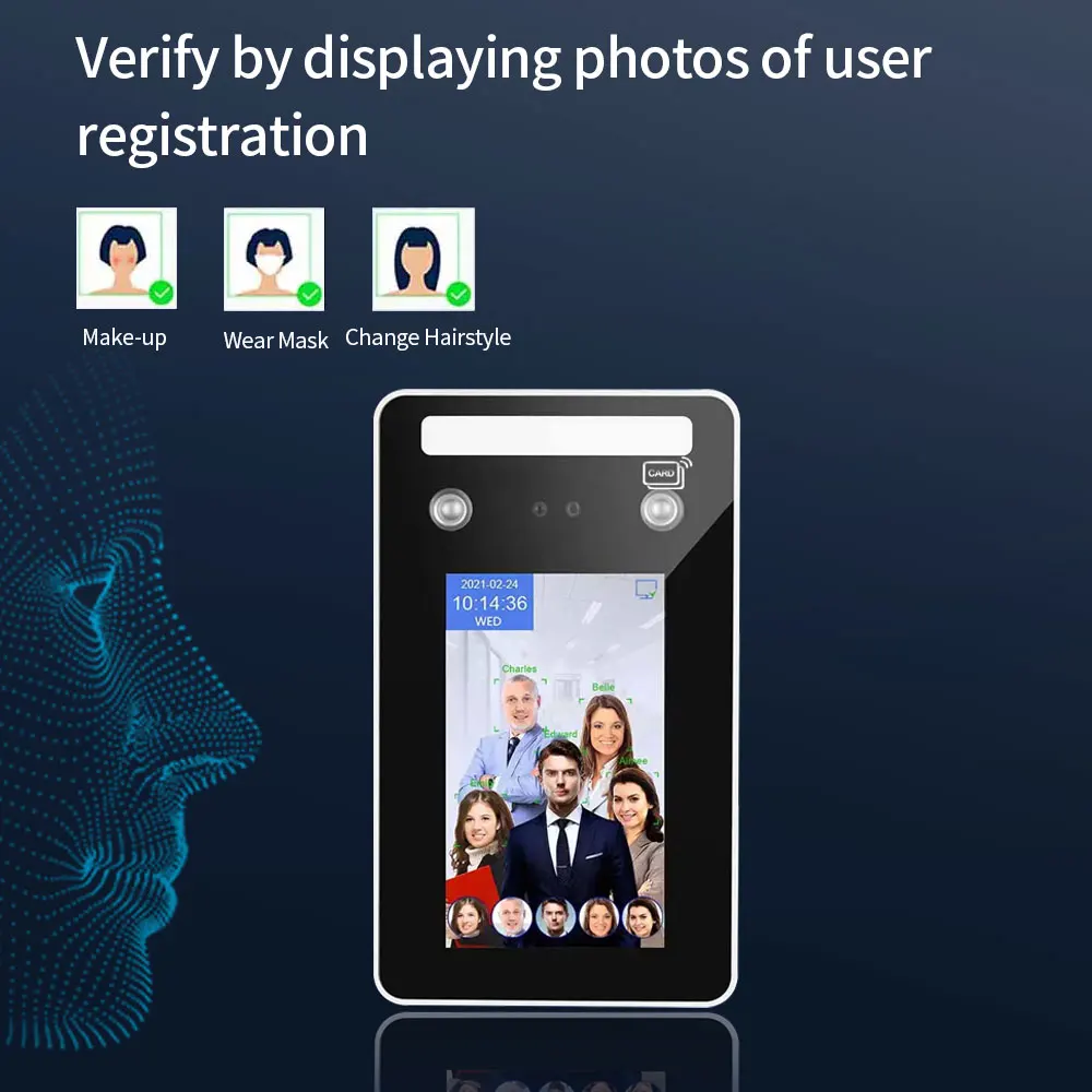 WIFI AI Dynamic Face Recognize Access Control Time Attendance Support Mask Detection 200MP Camera HD Touch Screen Card Password