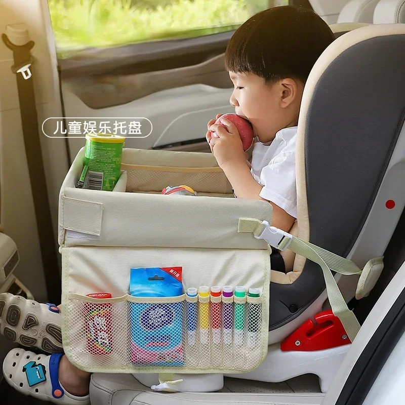 Car Seat Tray for Kids Foldable Multiple Pockets Waterproof Car Table Portable Kids Travel Tray Storage Fit for Eating Learning