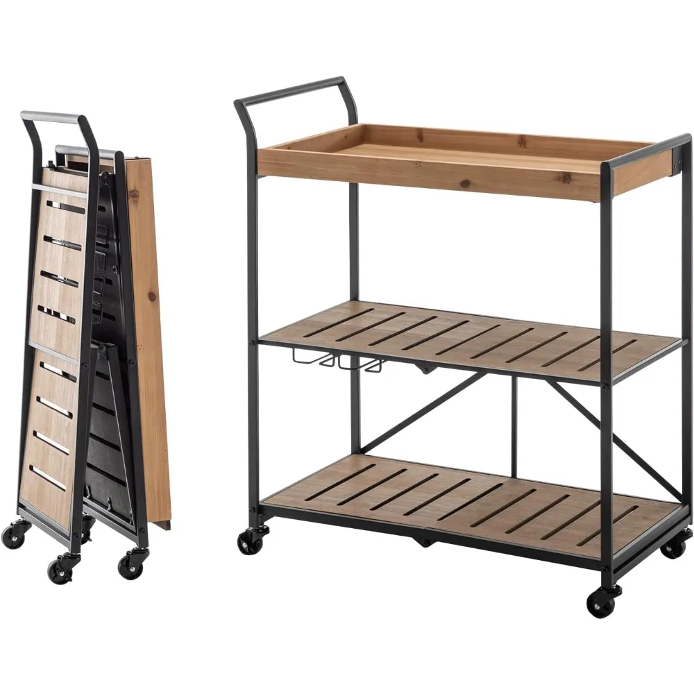 

Folding Bar Cart Kitchen Serving Cart on Lockable Wheels 3-Tier Rolling Utility Cart with Glass Holders for Home Kitchen, Rusti