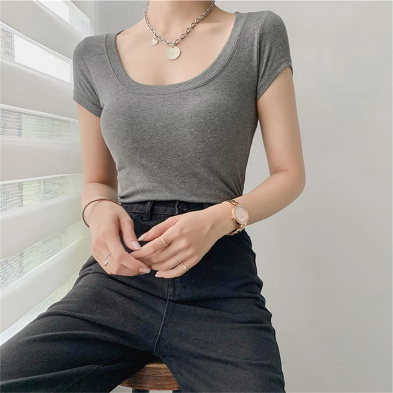 

Women Short Sleeve O-Neck T-Shirt Summer New Simple Solid Slim Casual Top Spring Female Bottom Shirts Black White Grey Blue Pink