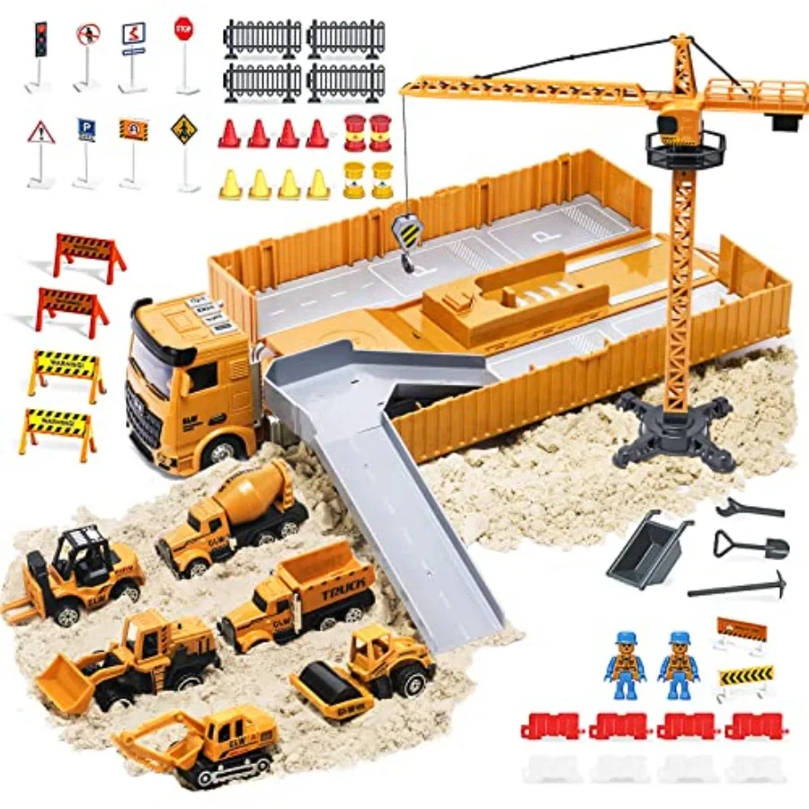 Alloy Construction Trucks Vehicle Toys for Kids Sounds Lights Effects Take Apart Container,Crane,Excavator Trucks,Cement Mixer,D