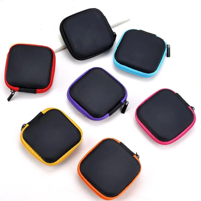 1pc Portable Zipper Earphone Case Square Shaped Earbuds Box PU Leather Charging Line USB Data Cable Storage Box Organizer 7.5cm