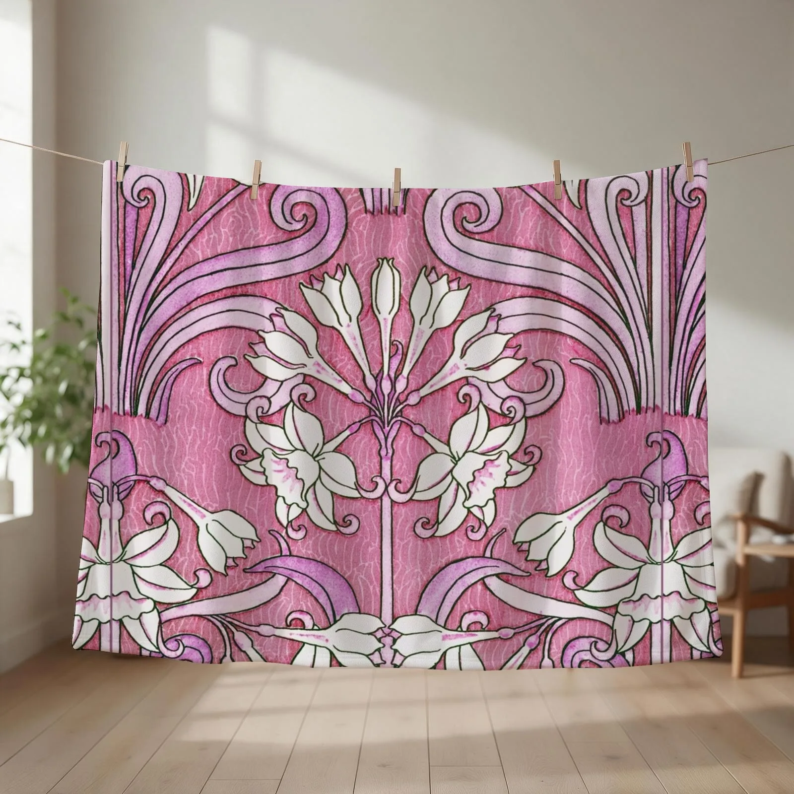 Beautiful Art Nouveau Pink White Floral Pattern Throw Blanket Luxury Thicken Summer Flannel Fabric Hairy Blankets