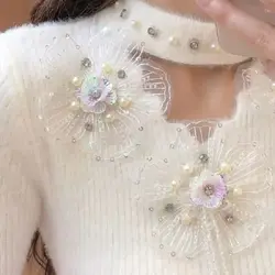 New In Autumn Winter High-end Diamonds 3D Flowers Stitch Sweater Women's Knitwear Pullover Knitted Slim Fit Tops Female Clothing