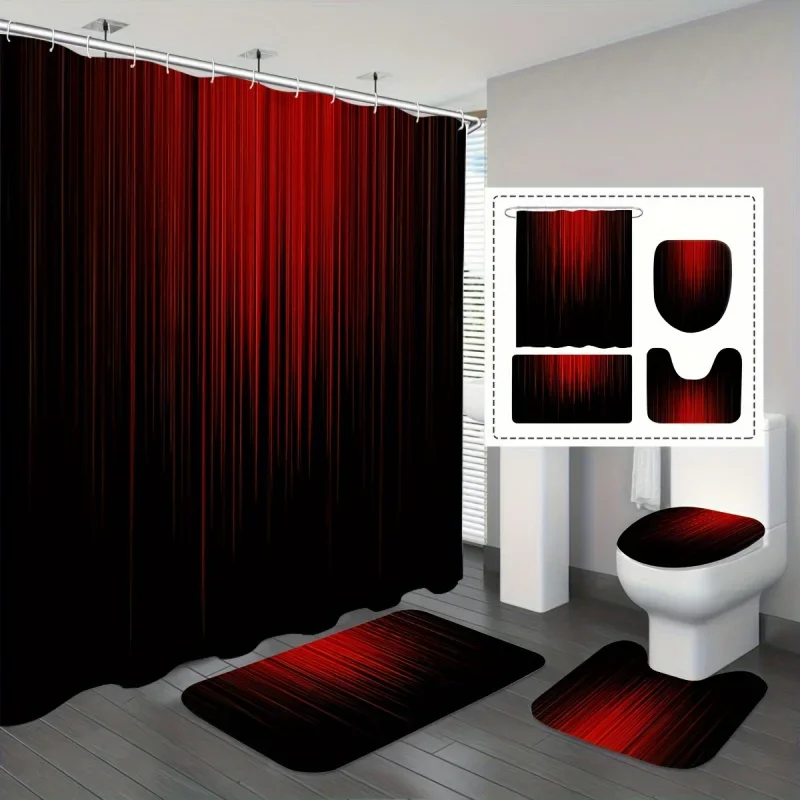 1/3/4pcs Red and Black Vertical Stripe Fashion Simple Modern Shower Curtain Set, Bathroom Set, Bathroom Carpet, U-shaped Pad, To