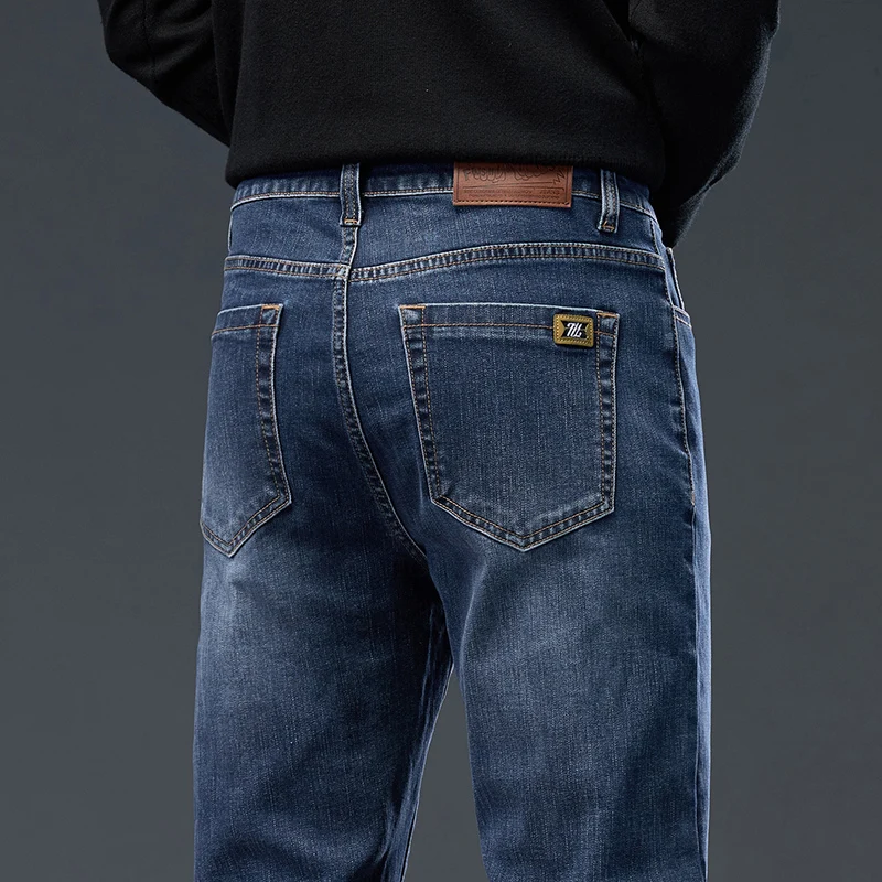 

Men's Jeans Autumn New High Waist Business Casual Straight Trousers Classic Blue Black Elastic Washed denim Pants Brand Clothing