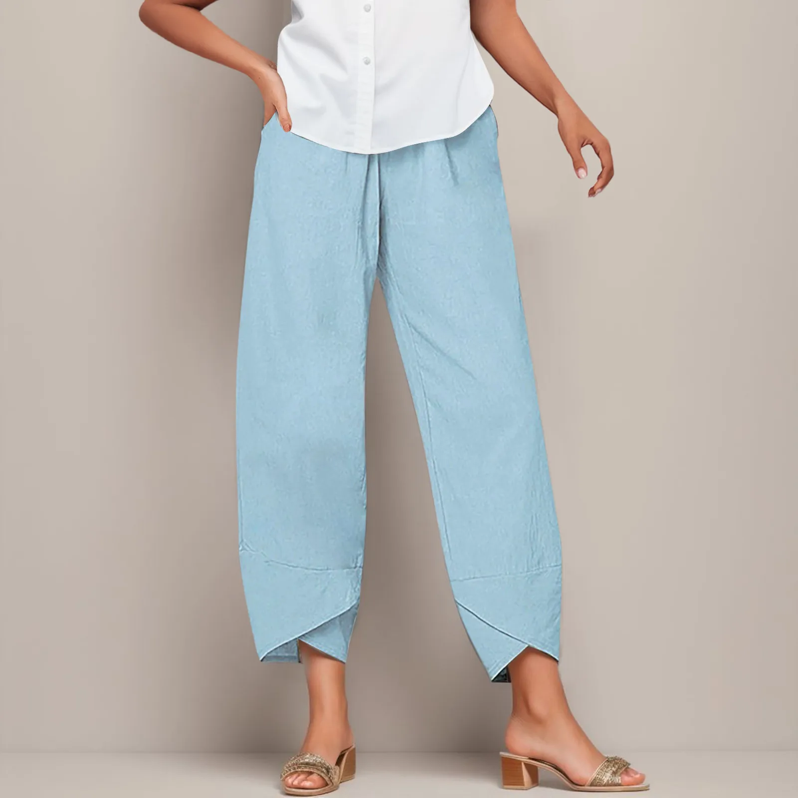 Calça feminina casual monocromática de cintura alta solta de algodão e linho, roupa de casa diária, simplicidade