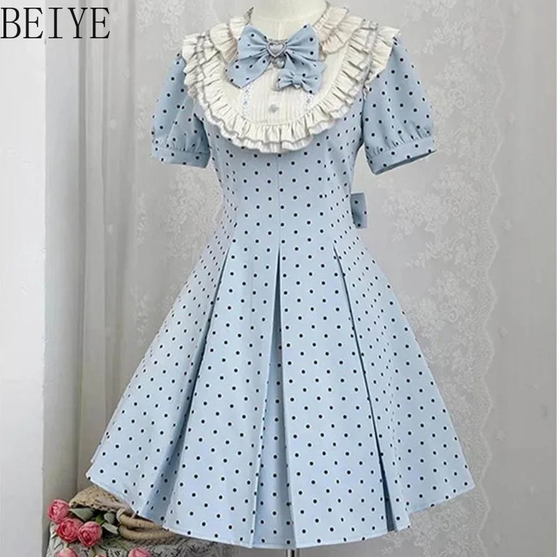 Japanese Lolita Design Sense Polka Dot Dress Short-sleeved Women's Summer New Dress Female High Waist Daily Wear Dresses