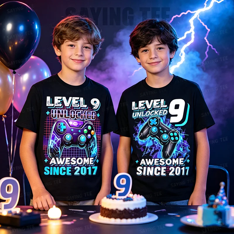 9th Birthday Boy Level 9 Gamer Nine Year Video Game Party T-Shirt Gaming Controller Graphic Saying Tee Tops Short Sleeve Blouses