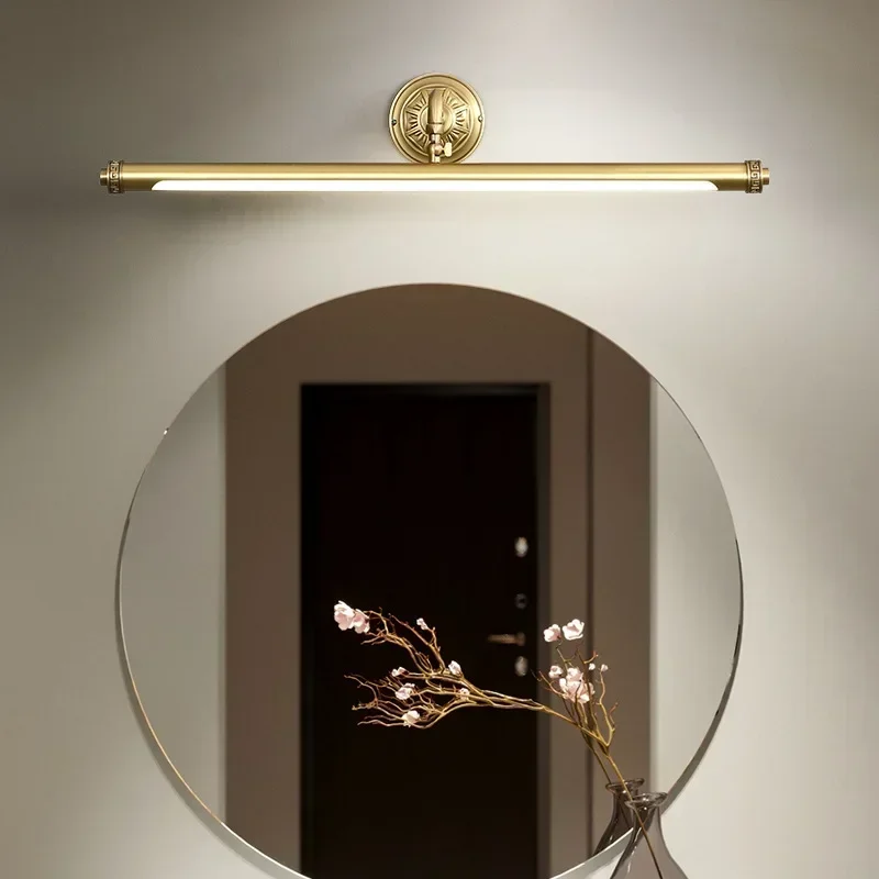 New Full Copper Mirror Front Wall Lamp Golden Bathroom Bathroom Anti-fog LED Mirror Cabinet Simple Fill Light Wall Decor