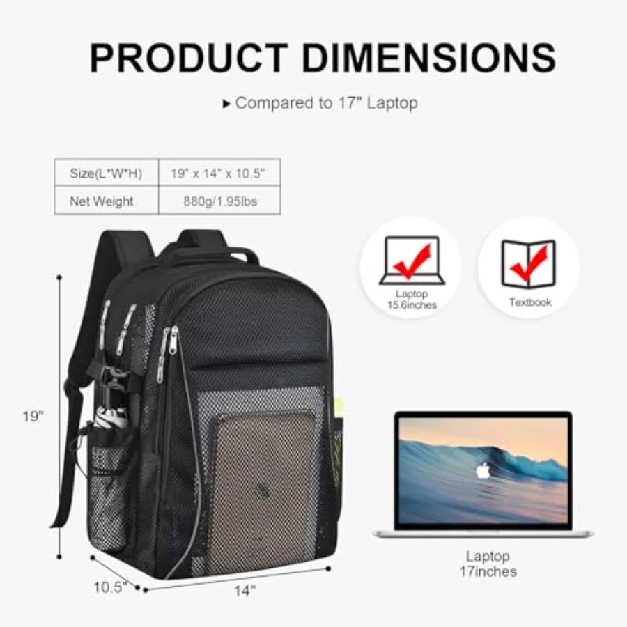 Heavy Duty X-Large Mesh Backpacks for Adults, Semi-Transparent college Backpacks with Rain cover for School, Beach, and Travel