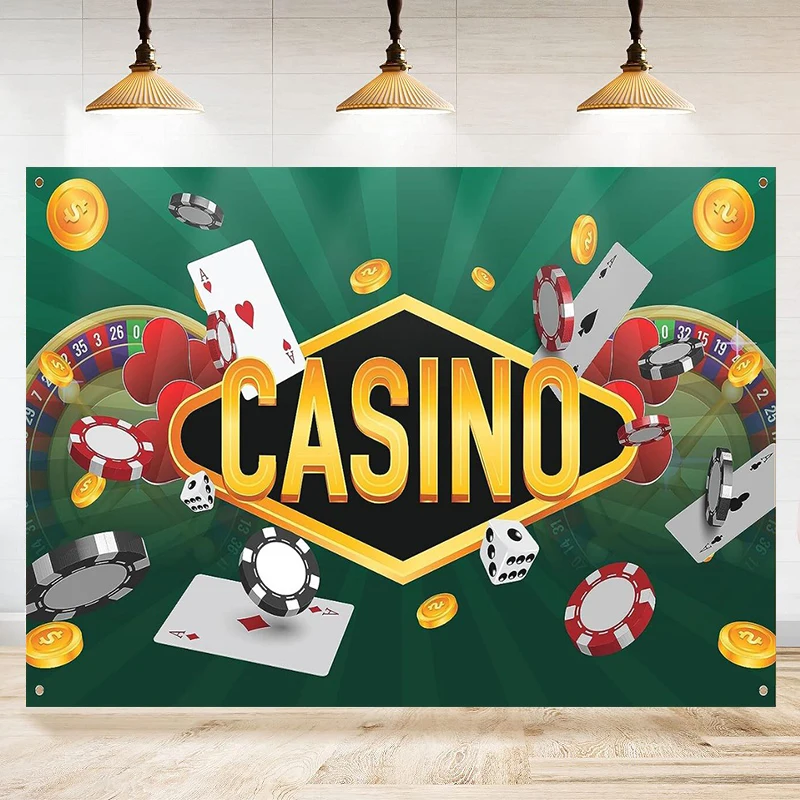 Photography Backdrop Poker Roulette Cards Casino Night Green Red Gold Curtains Party Theme Background Decoration Banner