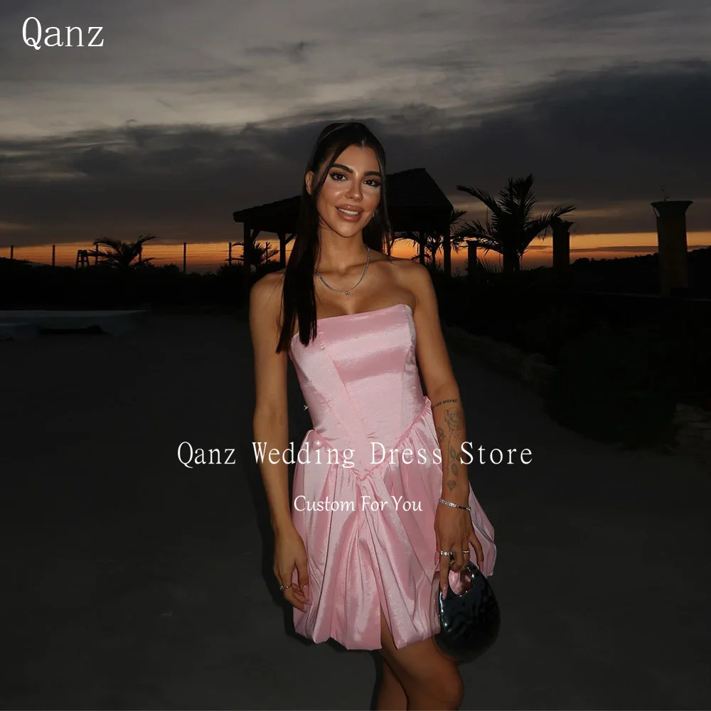 

Qanz Pink Mini A Line Prom Dresses Strapless Vestidos Para Eventos Especiales Short Lace Up Back Robes De Cocktail Customized