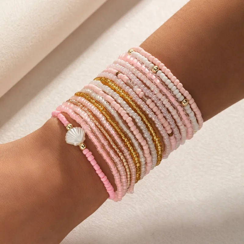 17pcs Set Boho Sweet Pink White Mini Seed Bead Seashell Charm Elastic Stack Bracelets for Women Couple Beach Date Jewelry Sets