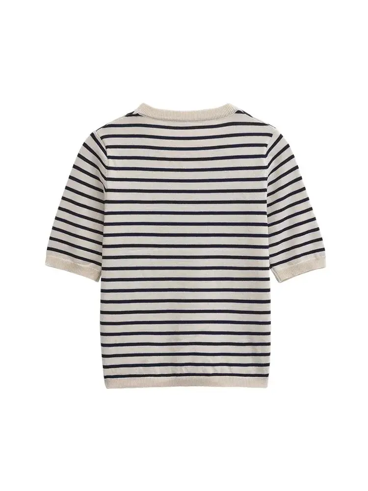 Maglione lavorato a maglia a righe da donna O-Collo Manica corta Pullover alla moda chic Top Maglieria femminile elegante ed basic