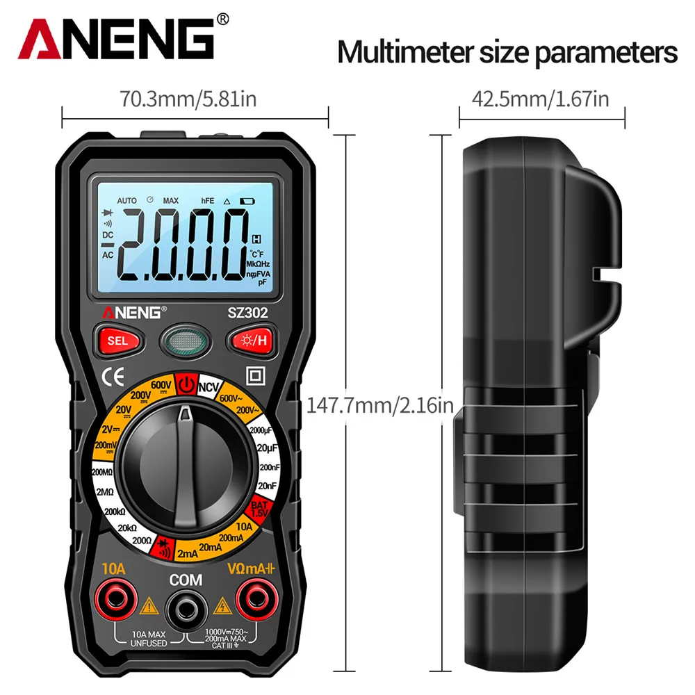 ANENG SZ302 Professional Digital Multimeter AC/DC Votage Tester NCV Detector Resistance Tester Ohm Ammeter Capacitance TestMeter