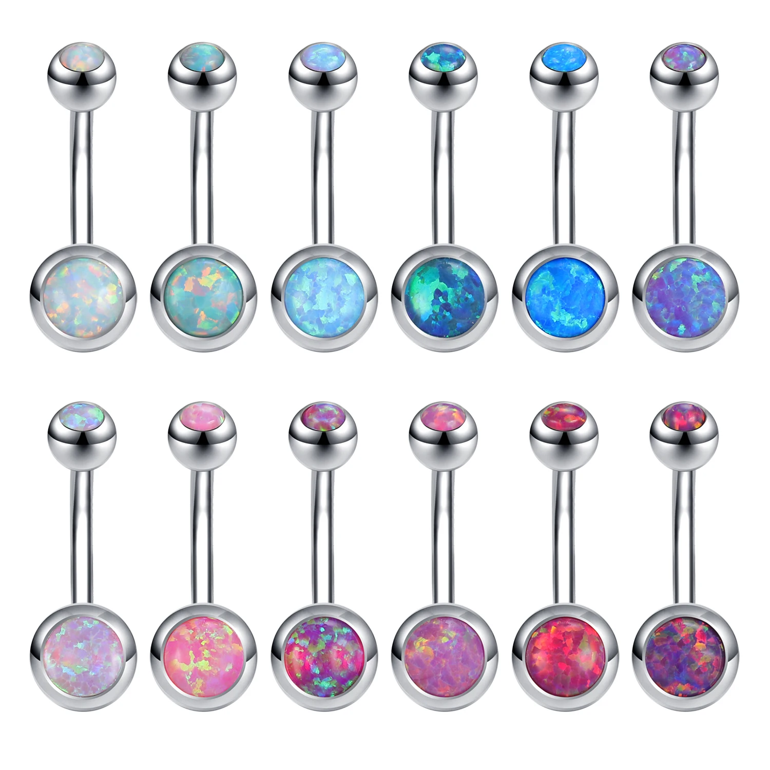 ZS 1PC Double Opal Stone Navel Piercing Stainless Steel Opal Belly Button Ring Women Sexy Body Piercing Pink Blue Navel Ring